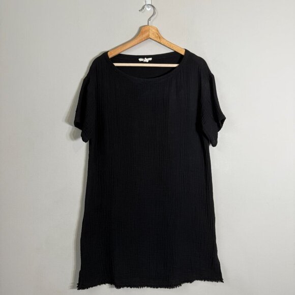 Eileen Fisher Organic Cotton Gauzy Mini Dress Women's XS Black Lagenlook Minimal - Picture 2 of 9